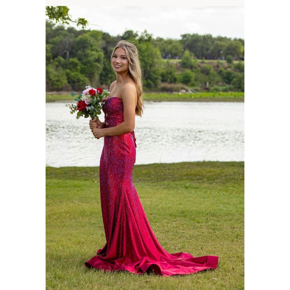 Sherri Hill Red Rhinestone Cutout Mermaid Formal Gown Dress Lace Up Back Slit 4